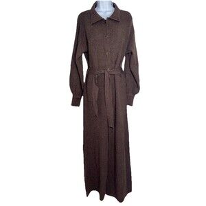 Mango MNG Brown Sweater Knit Belt Jumpsuit Wide Leg Women Large